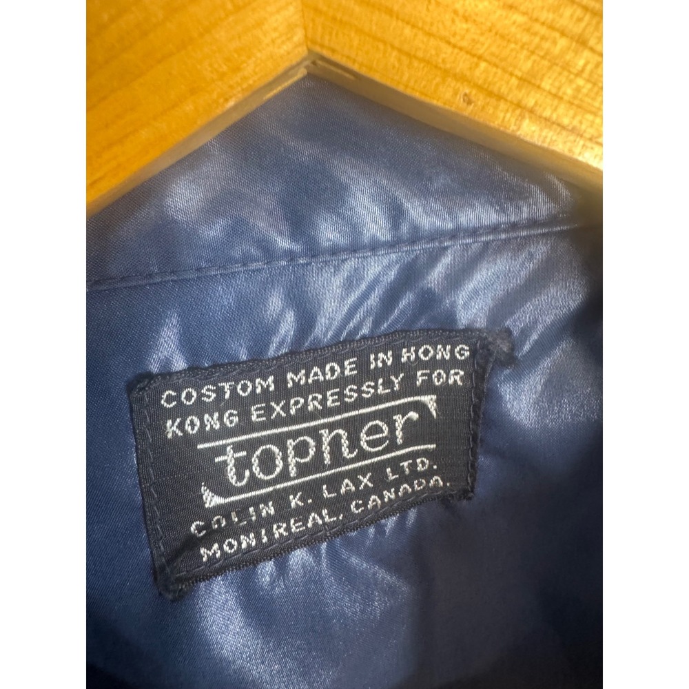 Vintage 70s Topher Navy Blue Shiny Coated Button Shirt Pointed Collar Montreal - Picture 4 of 10
